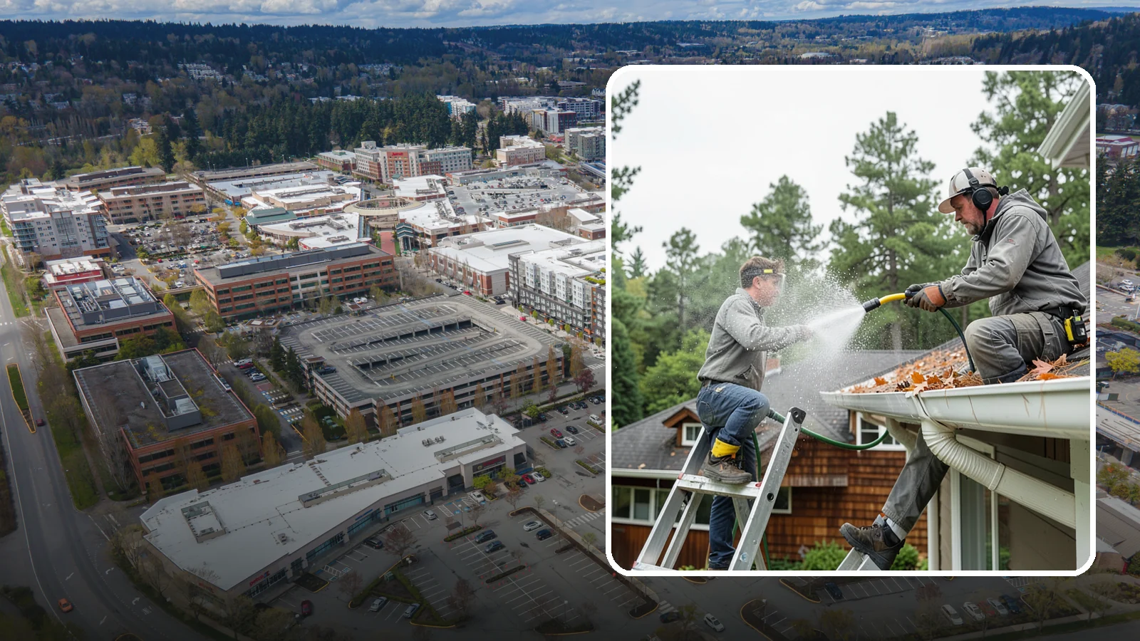 Gutter Cleaning in Redmond, King County, WA - Full clean-out of gutters clogged with the fir needles, moss, and maple leaves that fill Northwest troughs every season.