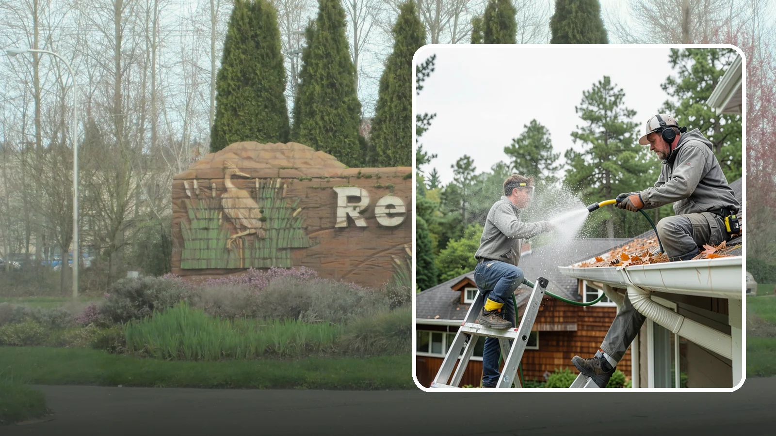 Gutter Cleaning in Renton, King County, WA - Full clean-out of gutters clogged with the fir needles, moss, and maple leaves that fill Northwest troughs every season.