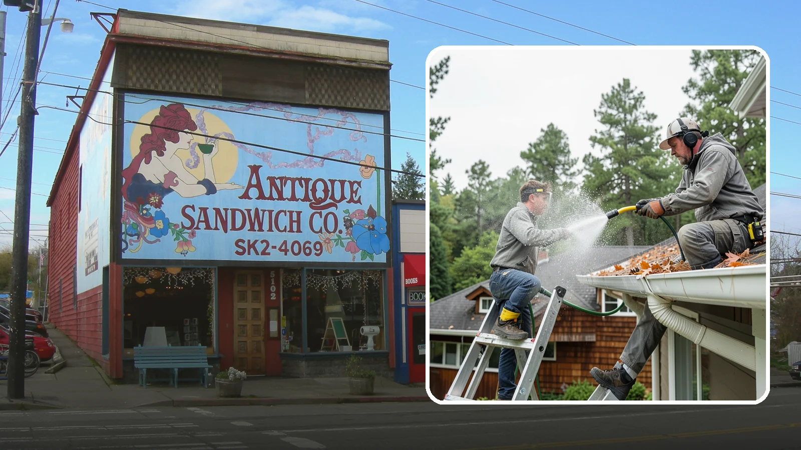 Gutter Cleaning in Ruston, Pierce County, WA - Full clean-out of gutters clogged with the fir needles, moss, and maple leaves that fill Northwest troughs every season.