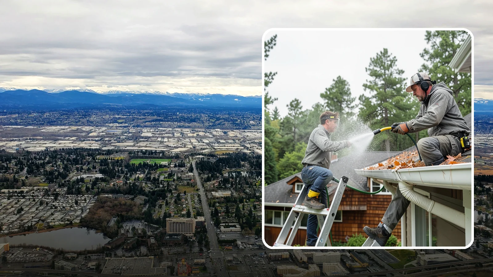 Gutter Cleaning in SeaTac, King County, WA - Full clean-out of gutters clogged with the fir needles, moss, and maple leaves that fill Northwest troughs every season.