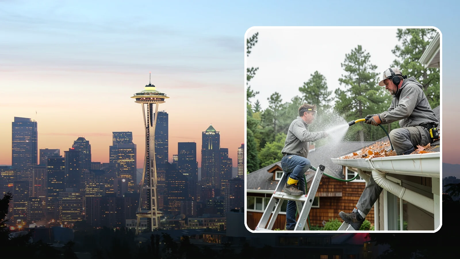 Gutter Cleaning in Seattle, King County, WA - Full clean-out of gutters clogged with the fir needles, moss, and maple leaves that fill Northwest troughs every season.