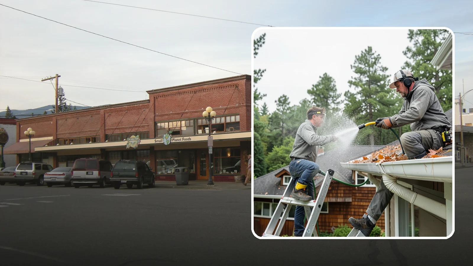 Gutter Cleaning in Sedro-Woolley, Skagit County, WA - Full clean-out of gutters clogged with the fir needles, moss, and maple leaves that fill Northwest troughs every season.