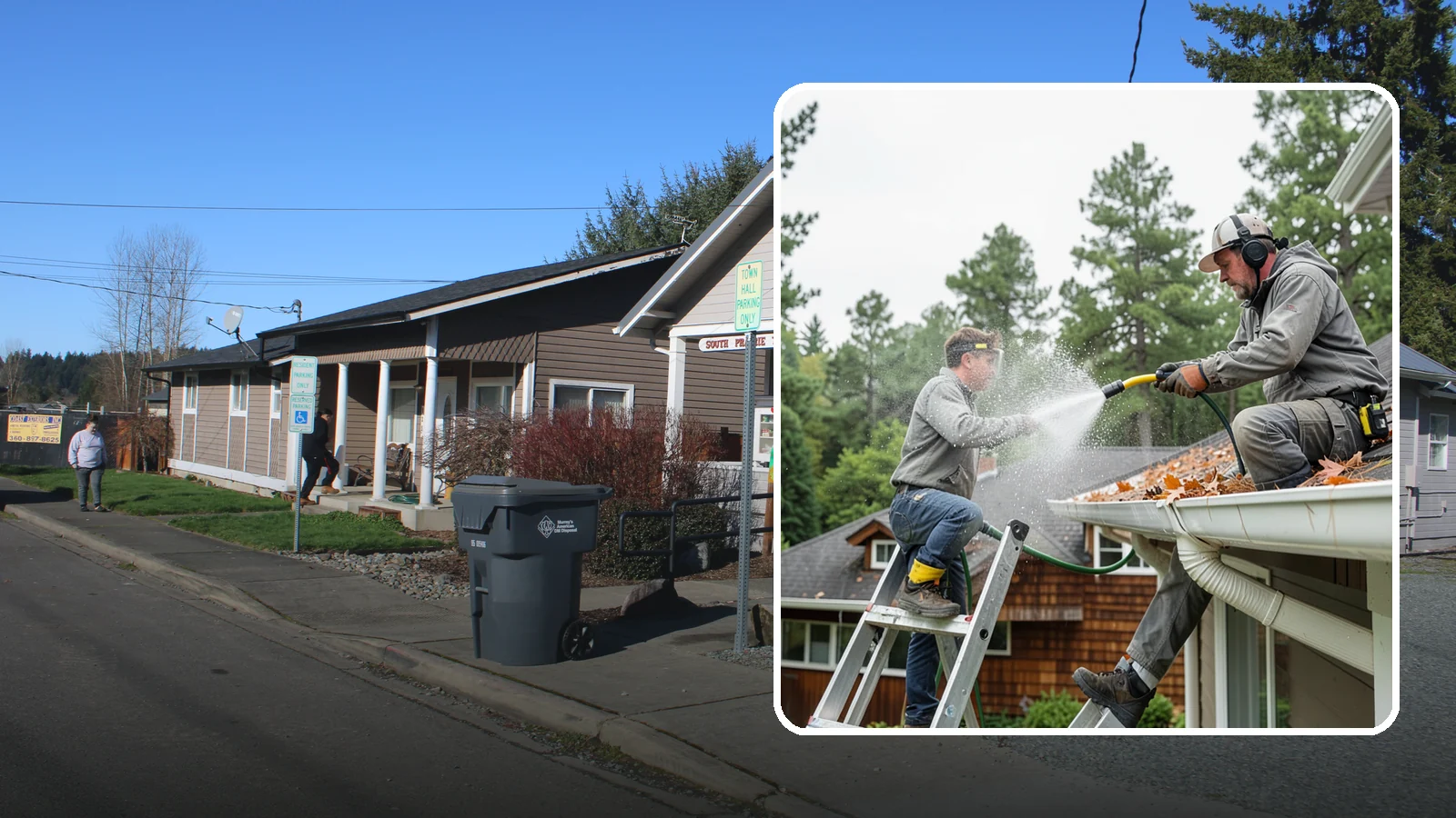 Gutter Cleaning in South Prairie, Pierce County, WA - Full clean-out of gutters clogged with the fir needles, moss, and maple leaves that fill Northwest troughs every season.
