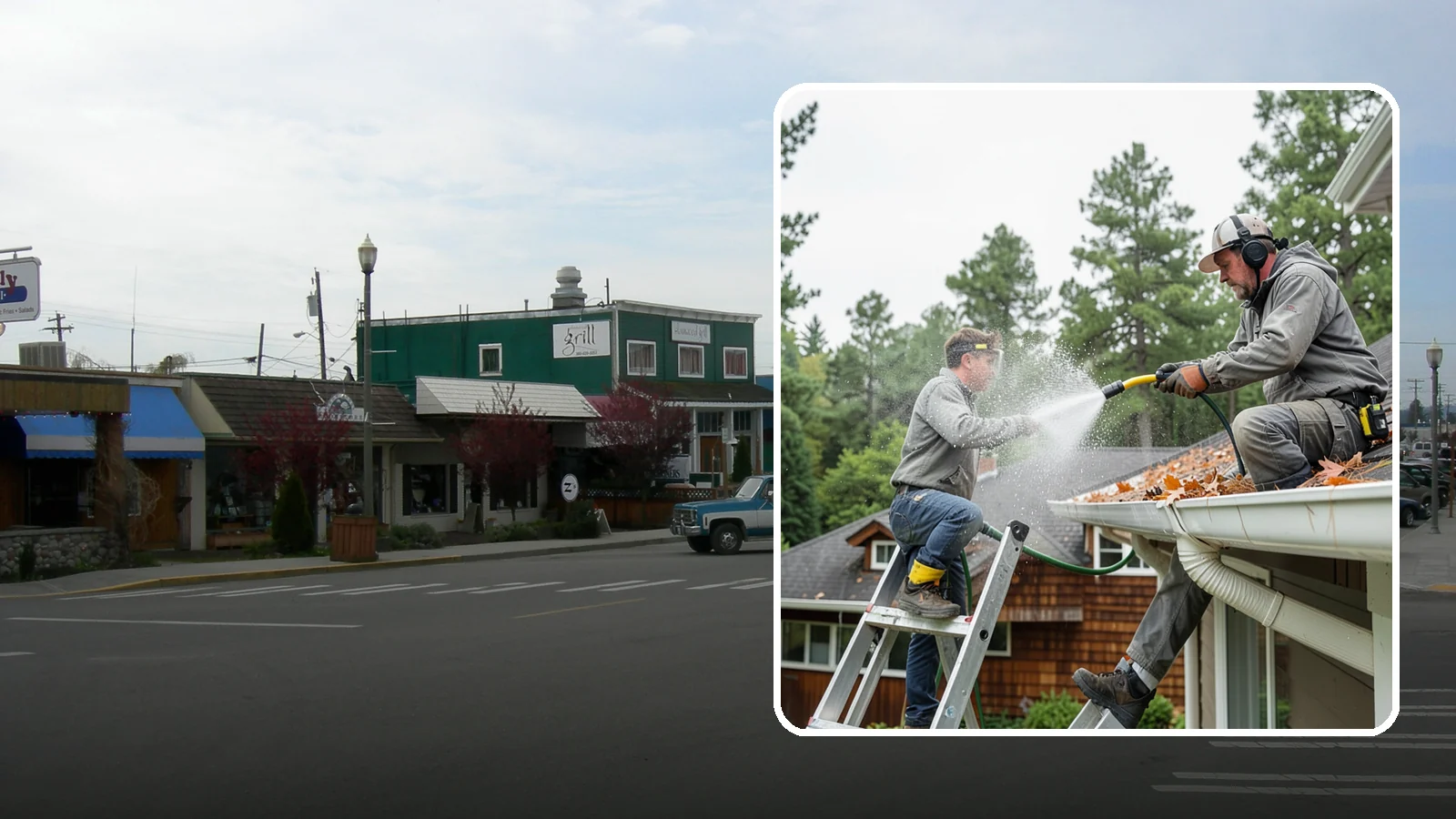 Gutter Cleaning in Stanwood, Snohomish County, WA - Full clean-out of gutters clogged with the fir needles, moss, and maple leaves that fill Northwest troughs every season.