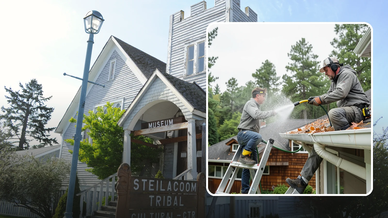 Gutter Cleaning in Steilacoom, Pierce County, WA - Full clean-out of gutters clogged with the fir needles, moss, and maple leaves that fill Northwest troughs every season.