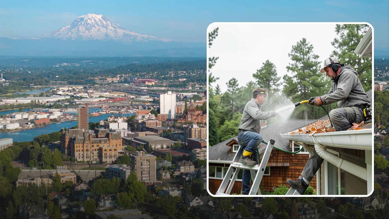 Gutter Cleaning in Tacoma, Pierce County, WA - Full clean-out of gutters clogged with the fir needles, moss, and maple leaves that fill Northwest troughs every season.