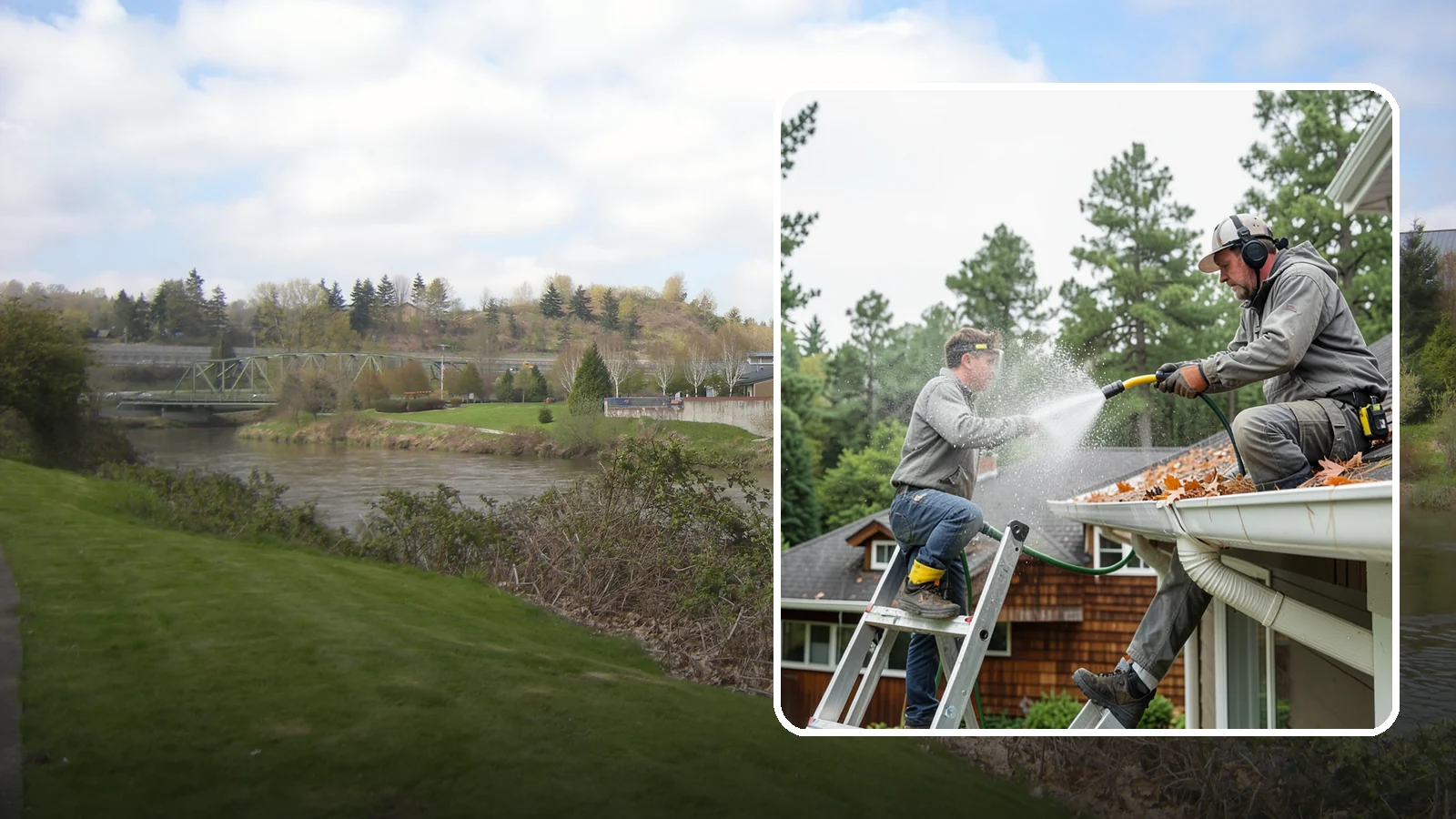 Gutter Cleaning in Tukwila, King County, WA - Full clean-out of gutters clogged with the fir needles, moss, and maple leaves that fill Northwest troughs every season.