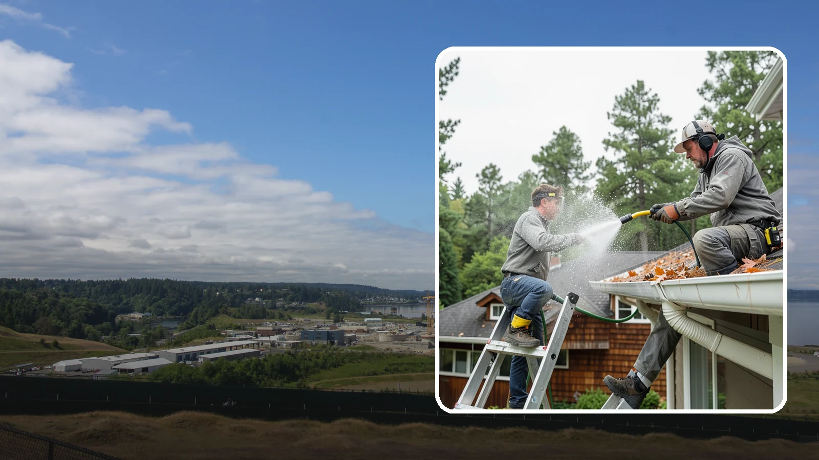 Gutter Cleaning in University Place, Pierce County, WA - Full clean-out of gutters clogged with the fir needles, moss, and maple leaves that fill Northwest troughs every season.