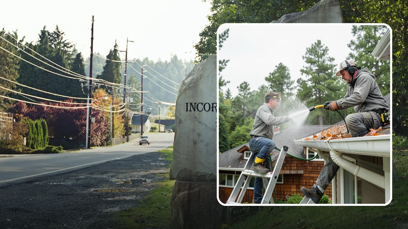 Gutter Cleaning in Wilkeson, Pierce County, WA - Full clean-out of gutters clogged with the fir needles, moss, and maple leaves that fill Northwest troughs every season.
