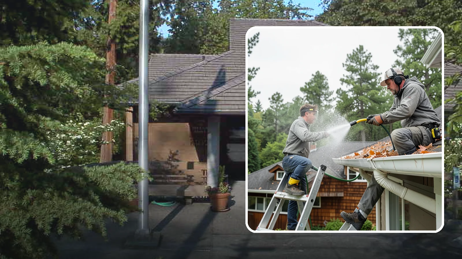 Gutter Cleaning in Yarrow Point, King County, WA - Full clean-out of gutters clogged with the fir needles, moss, and maple leaves that fill Northwest troughs every season.