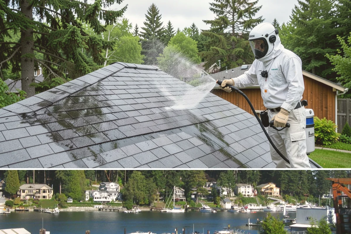Gutter Face Cleaning in Gig Harbor, Pierce County, WA - A spring face cleaning clears off the winter's accumulated film and pollen ahead of summer.