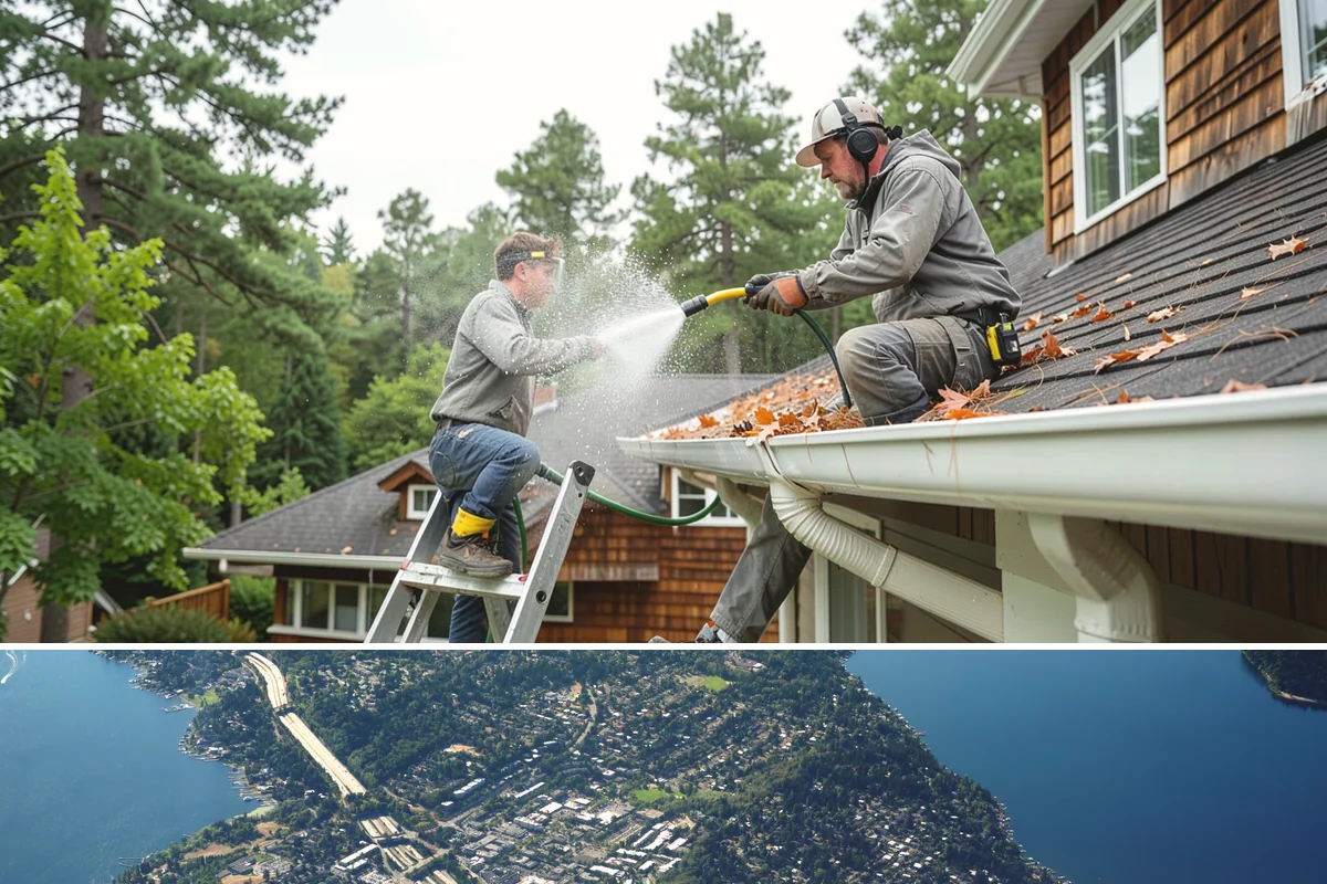 Gutter Face Cleaning in Mercer Island, King County, WA - A spring face cleaning clears off the winter's accumulated film and pollen ahead of summer.