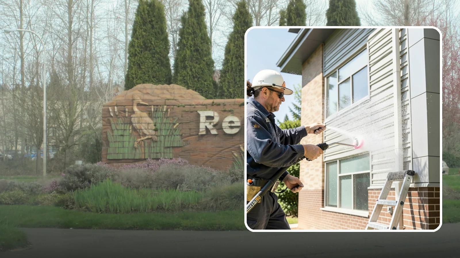 Gutter Face Cleaning in Renton, King County, WA - Straightforward cleaning of the visible gutter faces to clear grime, cobwebs, and organic film.