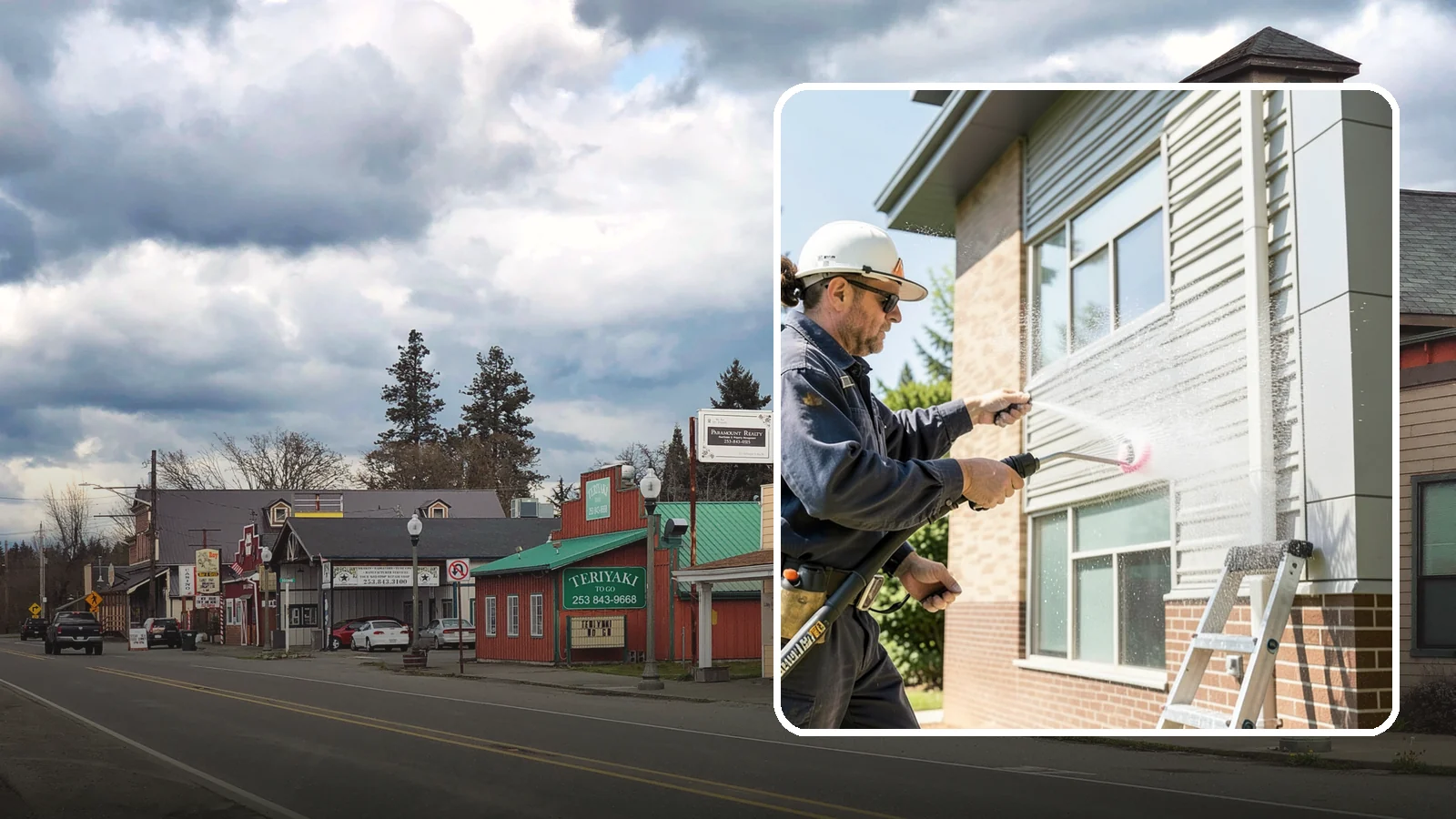 Gutter Face Cleaning in Roy, Pierce County, WA - Straightforward cleaning of the visible gutter faces to clear grime, cobwebs, and organic film.