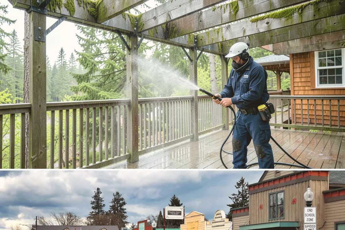 Gutter Face Cleaning in Roy, Pierce County, WA - A spring face cleaning clears off the winter's accumulated film and pollen ahead of summer.