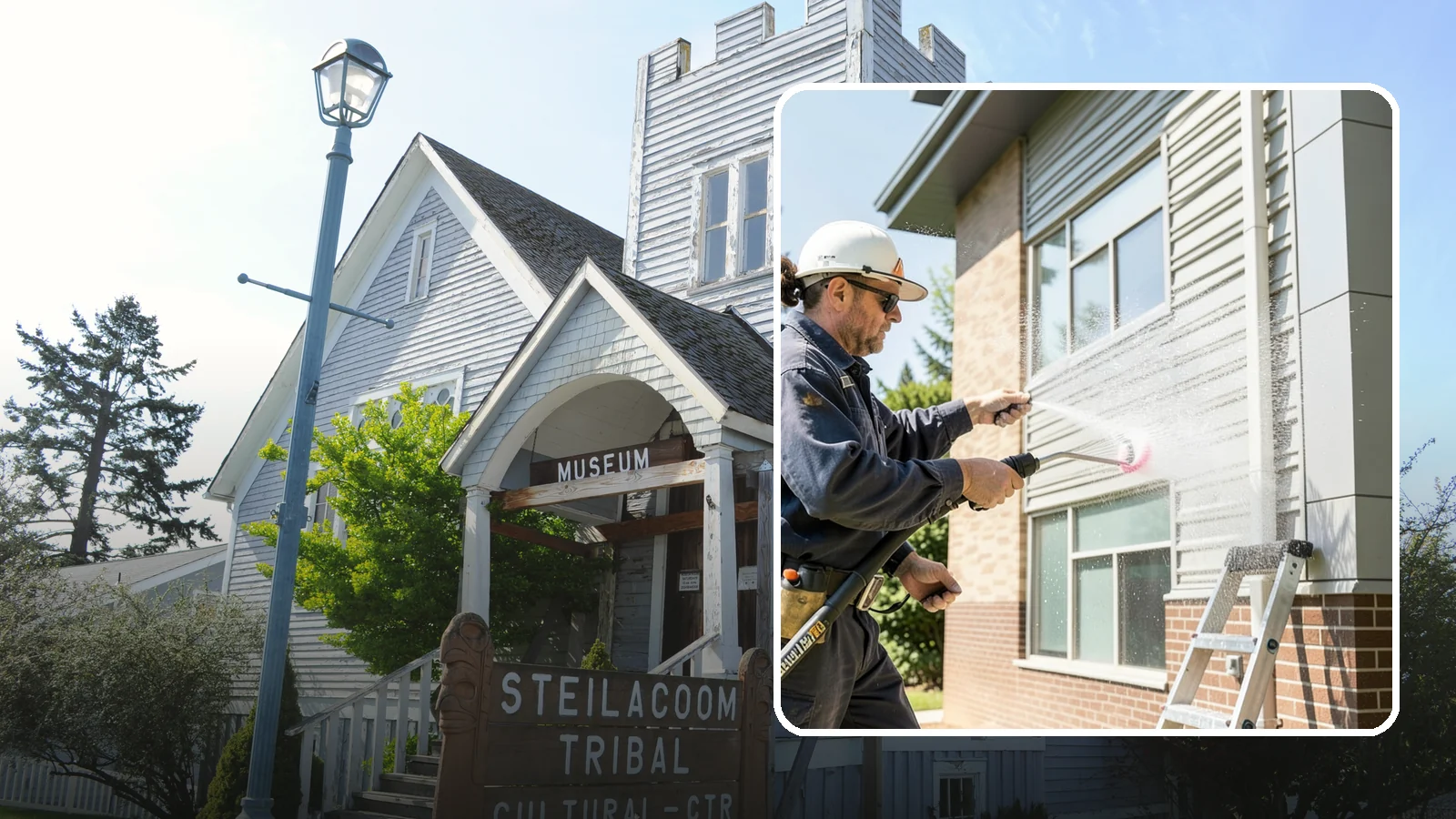 Gutter Face Cleaning in Steilacoom, Pierce County, WA - Straightforward cleaning of the visible gutter faces to clear grime, cobwebs, and organic film.
