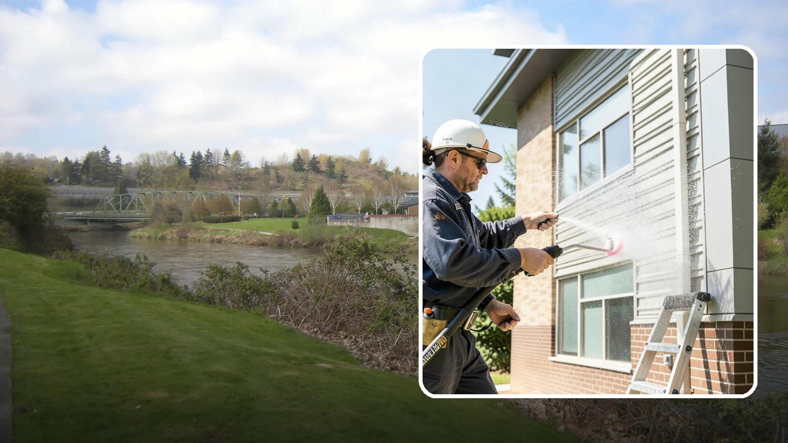 Gutter Face Cleaning in Tukwila, King County, WA - Straightforward cleaning of the visible gutter faces to clear grime, cobwebs, and organic film.