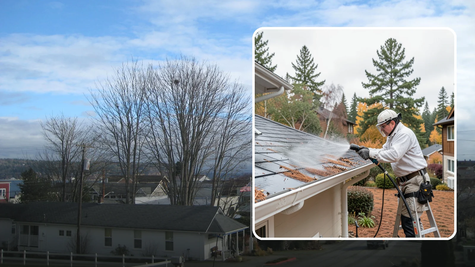 Gutter Guard Cleaning in Langley, Island County, WA - Cleaning of gutter guards and the debris that mats on top of them in needle-heavy Northwest yards.