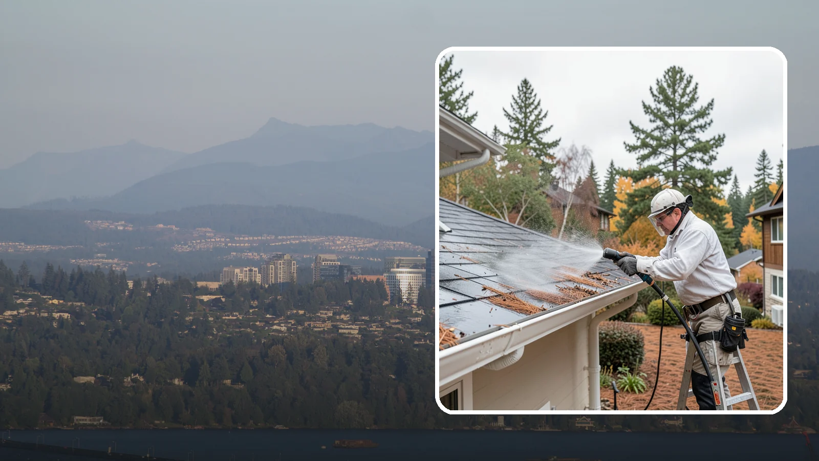 Gutter Guard Cleaning in Medina, King County, WA - Cleaning of gutter guards and the debris that mats on top of them in needle-heavy Northwest yards.