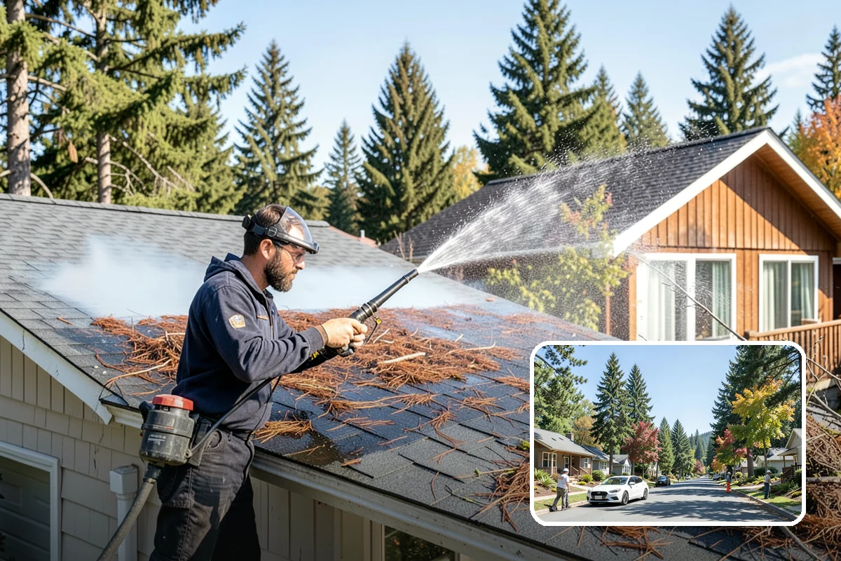 Gutter Guard Cleaning in Orting, Pierce County, WA - Clears matted needles and moss off the guard surface