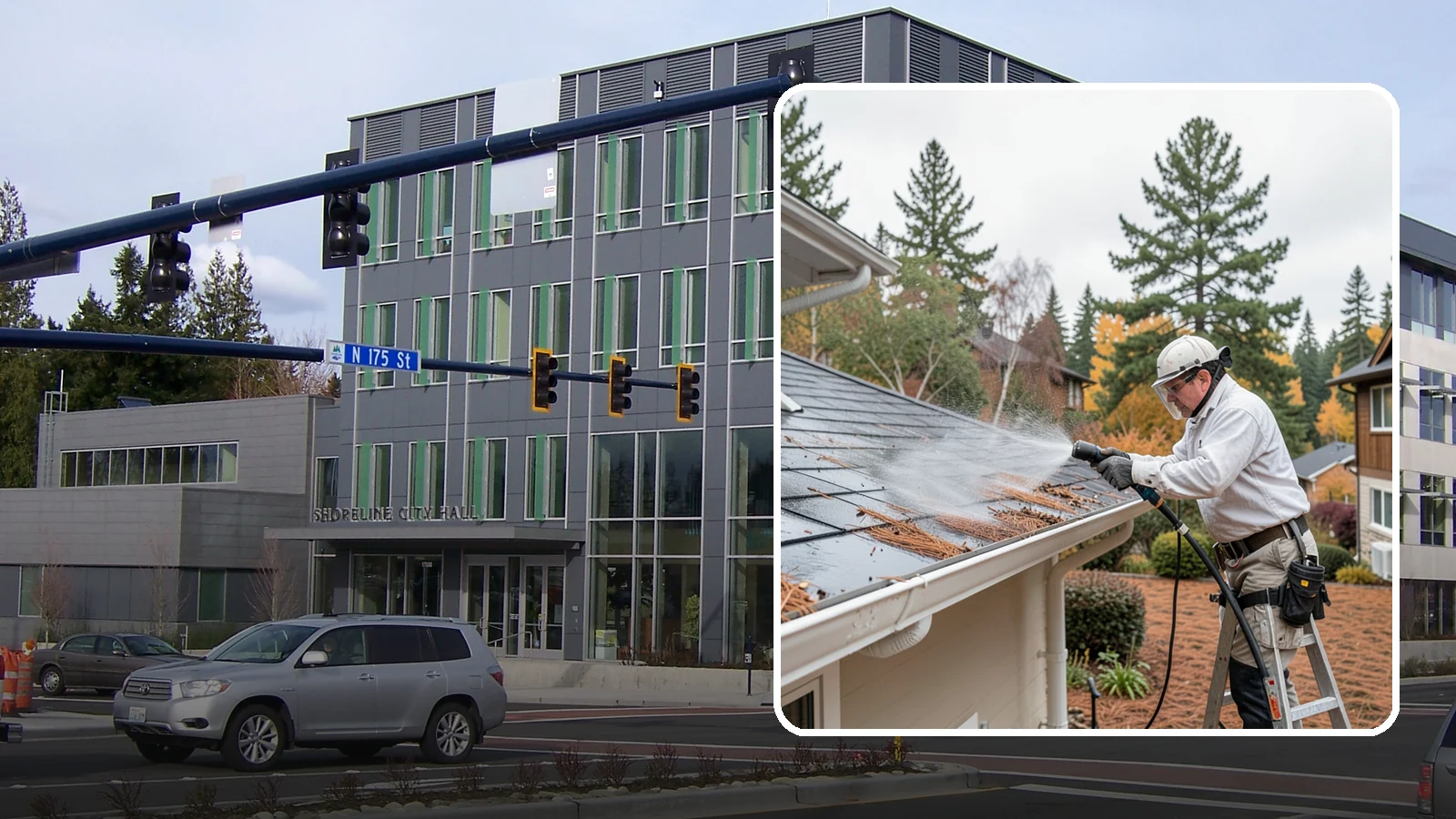 Gutter Guard Cleaning in Shoreline, King County, WA - Cleaning of gutter guards and the debris that mats on top of them in needle-heavy Northwest yards.