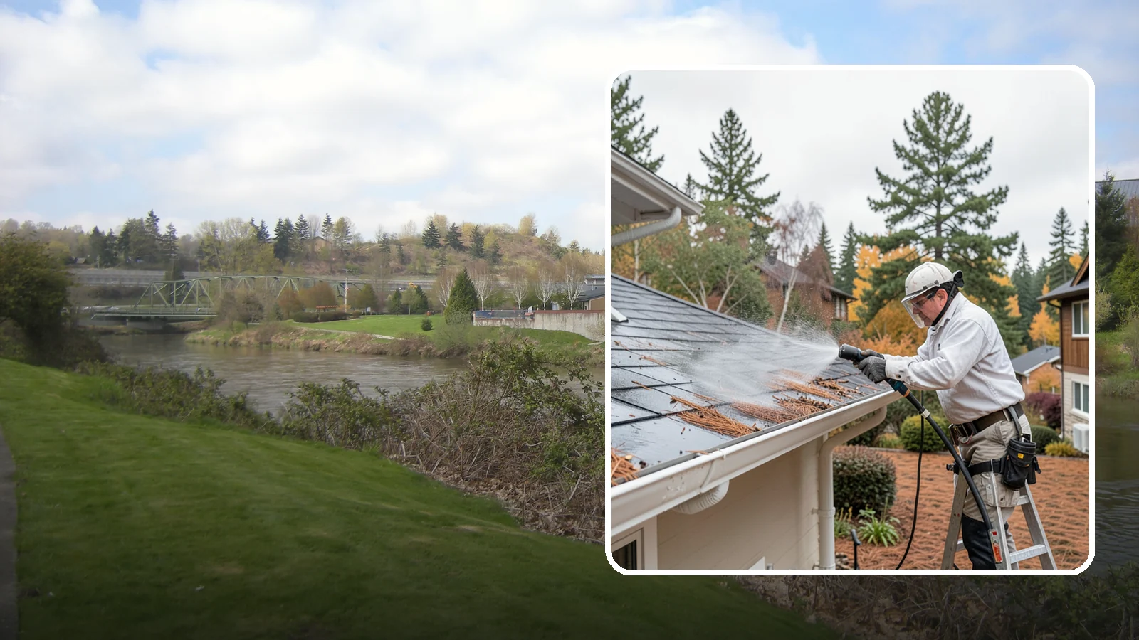 Gutter Guard Cleaning in Tukwila, King County, WA - Cleaning of gutter guards and the debris that mats on top of them in needle-heavy Northwest yards.