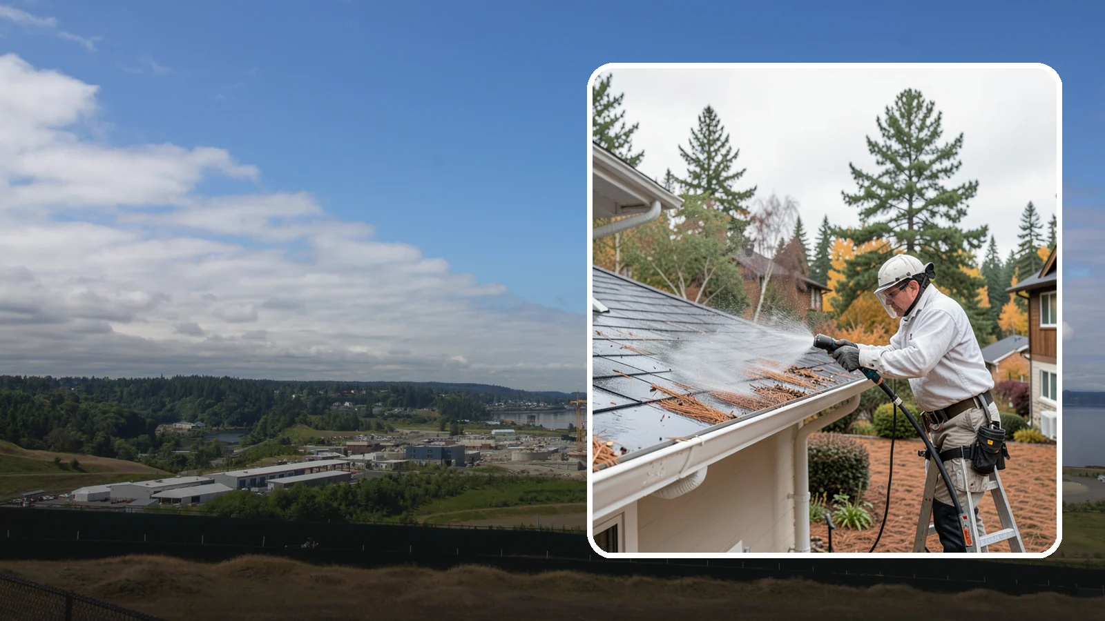 Gutter Guard Cleaning in University Place, Pierce County, WA - Cleaning of gutter guards and the debris that mats on top of them in needle-heavy Northwest yards.