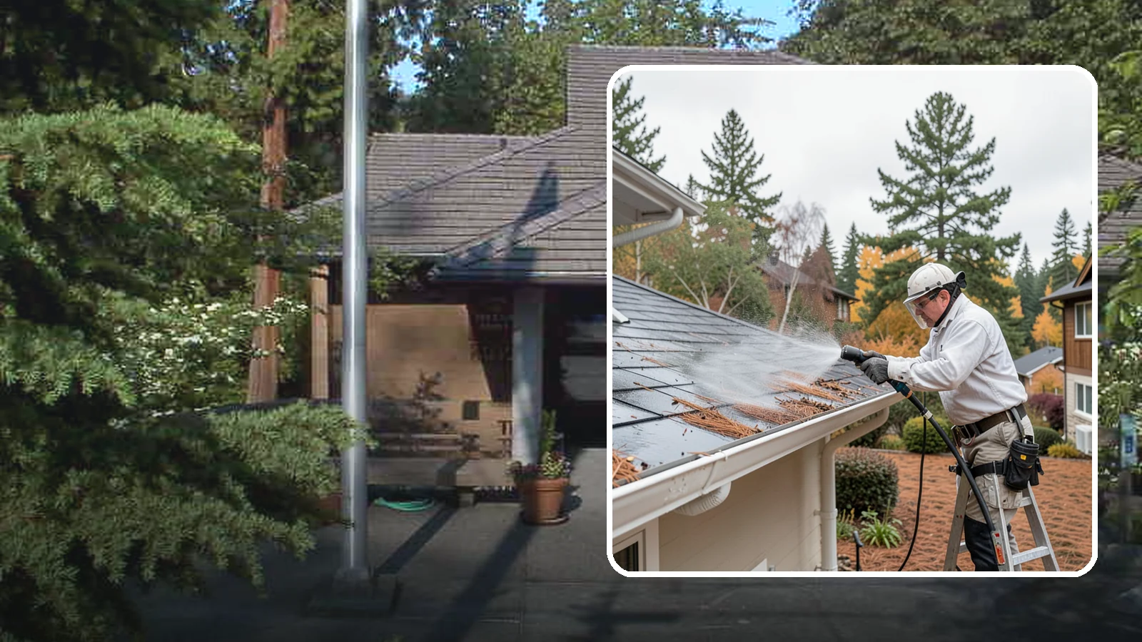 Gutter Guard Cleaning in Yarrow Point, King County, WA - Cleaning of gutter guards and the debris that mats on top of them in needle-heavy Northwest yards.
