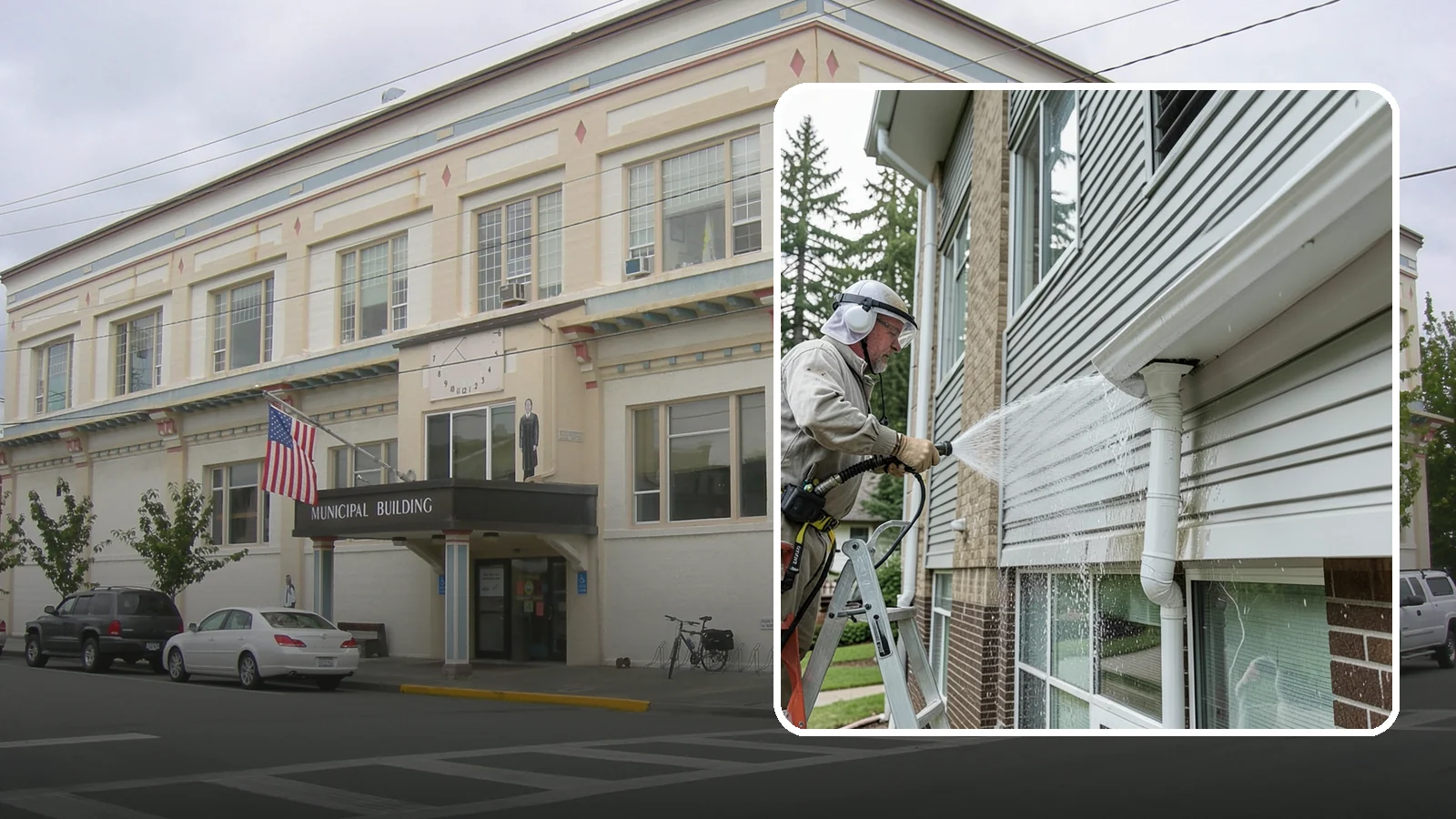Gutter Overflow Cleanup in Anacortes, Skagit County, WA - Cleanup of the staining and debris left behind after gutters overflow during our heavy rain events.