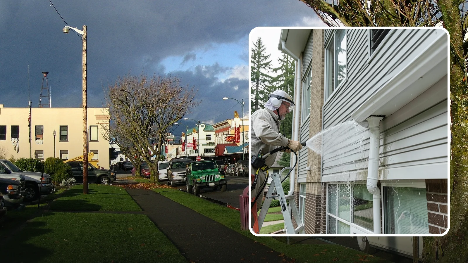 Gutter Overflow Cleanup in Arlington, Snohomish County, WA - Cleanup of the staining and debris left behind after gutters overflow during our heavy rain events.