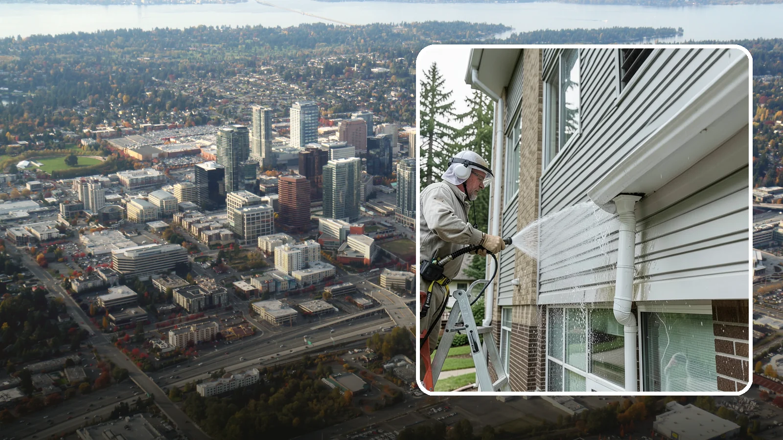 Gutter Overflow Cleanup in Bellevue, King County, WA - Cleanup of the staining and debris left behind after gutters overflow during our heavy rain events.