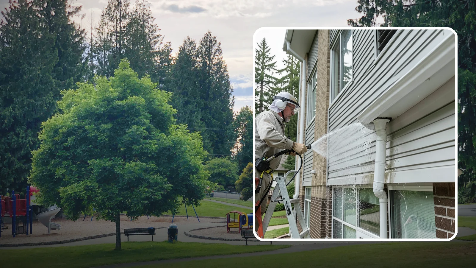 Gutter Overflow Cleanup in Bonney Lake, Pierce County, WA - Cleanup of the staining and debris left behind after gutters overflow during our heavy rain events.