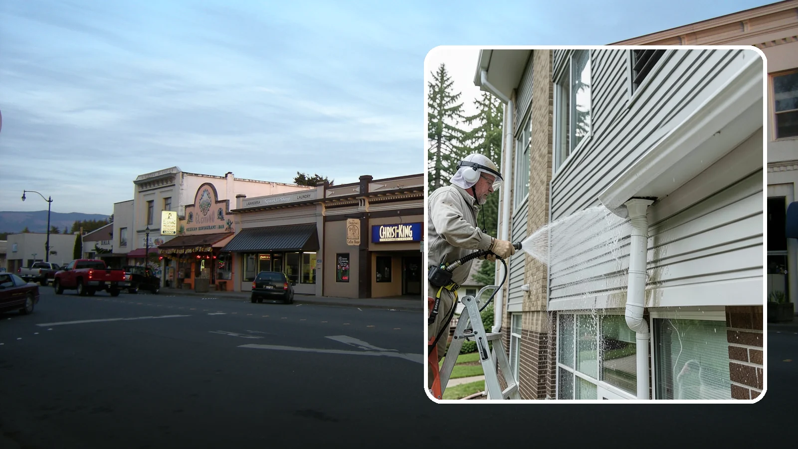 Gutter Overflow Cleanup in Burlington, Skagit County, WA - Cleanup of the staining and debris left behind after gutters overflow during our heavy rain events.