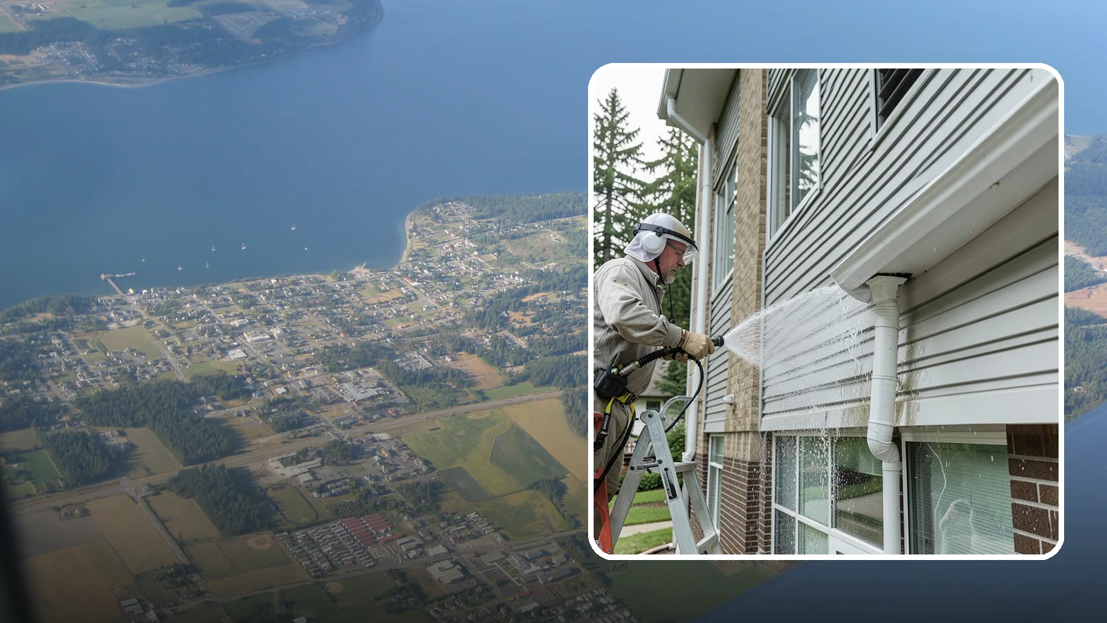 Gutter Overflow Cleanup in Coupeville, Island County, WA - Cleanup of the staining and debris left behind after gutters overflow during our heavy rain events.