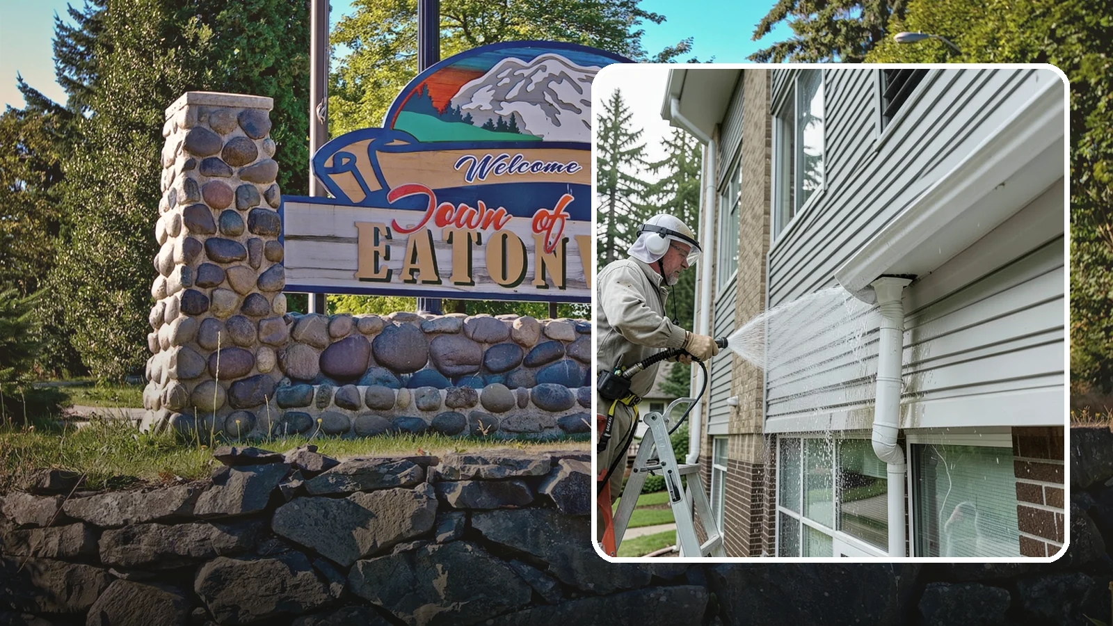 Gutter Overflow Cleanup in Eatonville, Pierce County, WA - Cleanup of the staining and debris left behind after gutters overflow during our heavy rain events.