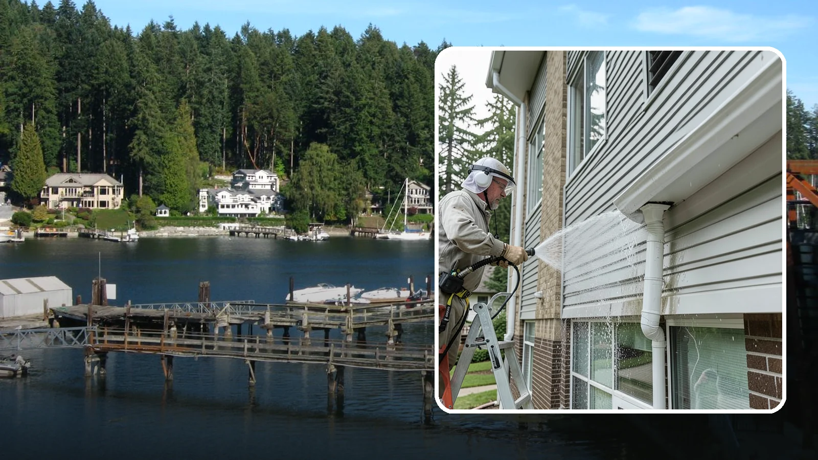 Gutter Overflow Cleanup in Gig Harbor, Pierce County, WA - Cleanup of the staining and debris left behind after gutters overflow during our heavy rain events.