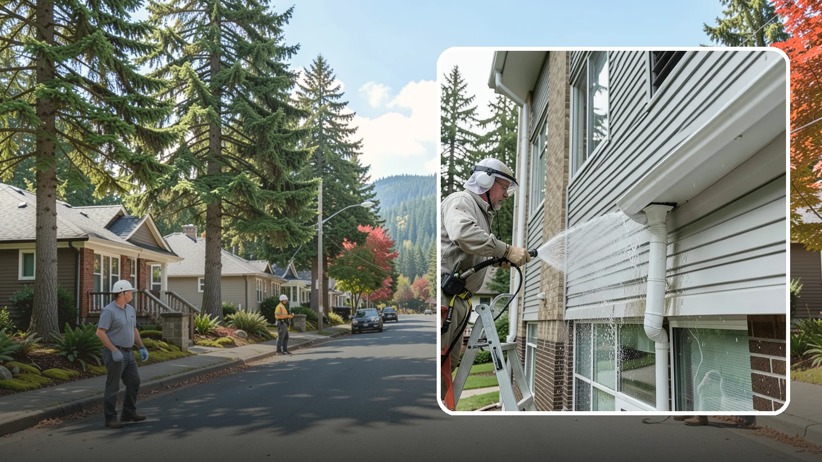 Gutter Overflow Cleanup in Hunts Point, King County, WA - Cleanup of the staining and debris left behind after gutters overflow during our heavy rain events.