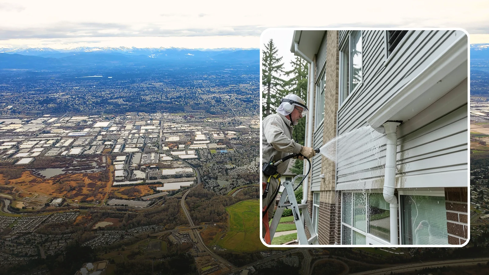 Gutter Overflow Cleanup in Kent, King County, WA - Cleanup of the staining and debris left behind after gutters overflow during our heavy rain events.