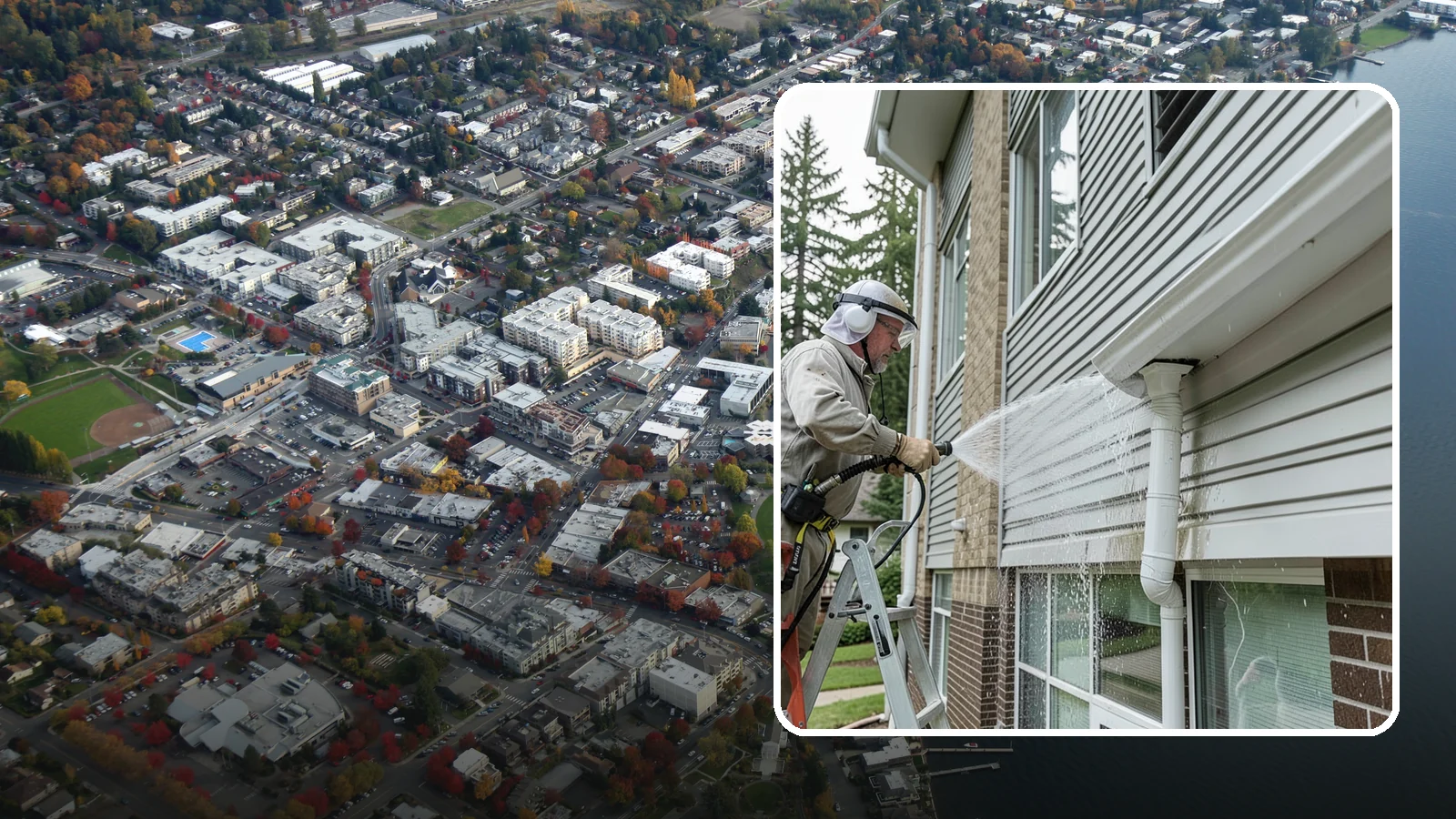 Gutter Overflow Cleanup in Kirkland, King County, WA - Cleanup of the staining and debris left behind after gutters overflow during our heavy rain events.