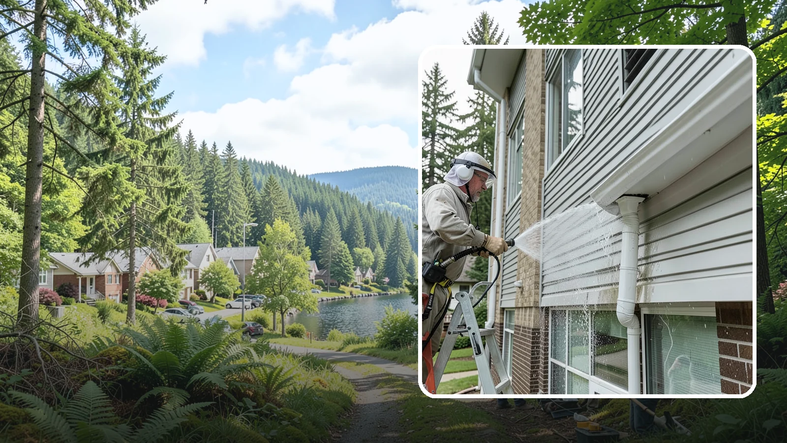 Gutter Overflow Cleanup in Lake Forest Park, King County, WA - Cleanup of the staining and debris left behind after gutters overflow during our heavy rain events.