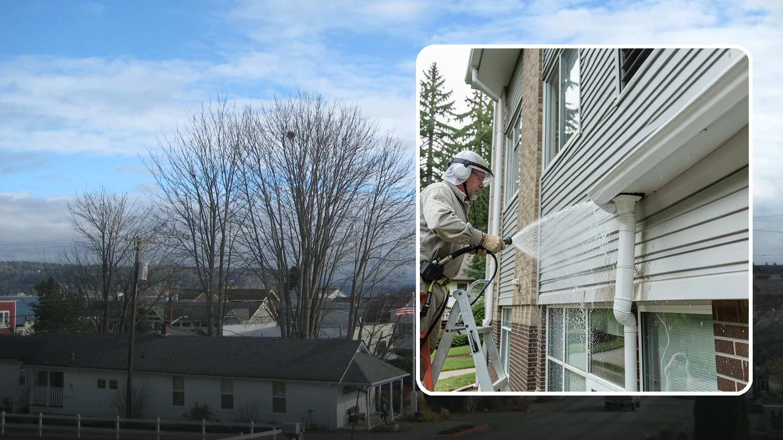 Gutter Overflow Cleanup in Langley, Island County, WA - Cleanup of the staining and debris left behind after gutters overflow during our heavy rain events.