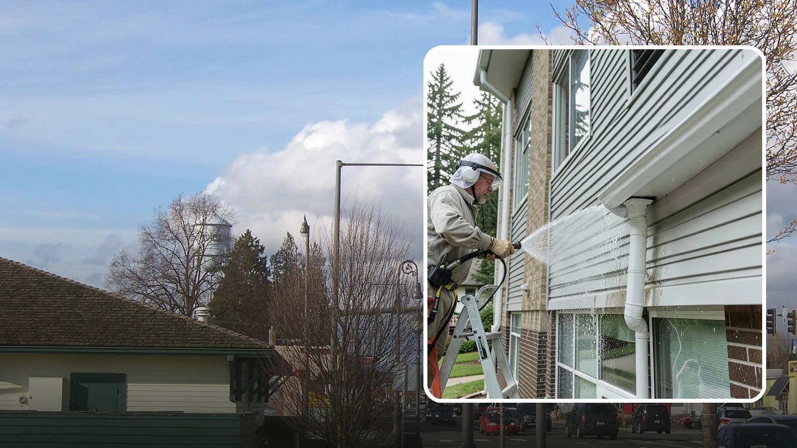 Gutter Overflow Cleanup in Marysville, Snohomish County, WA - Cleanup of the staining and debris left behind after gutters overflow during our heavy rain events.