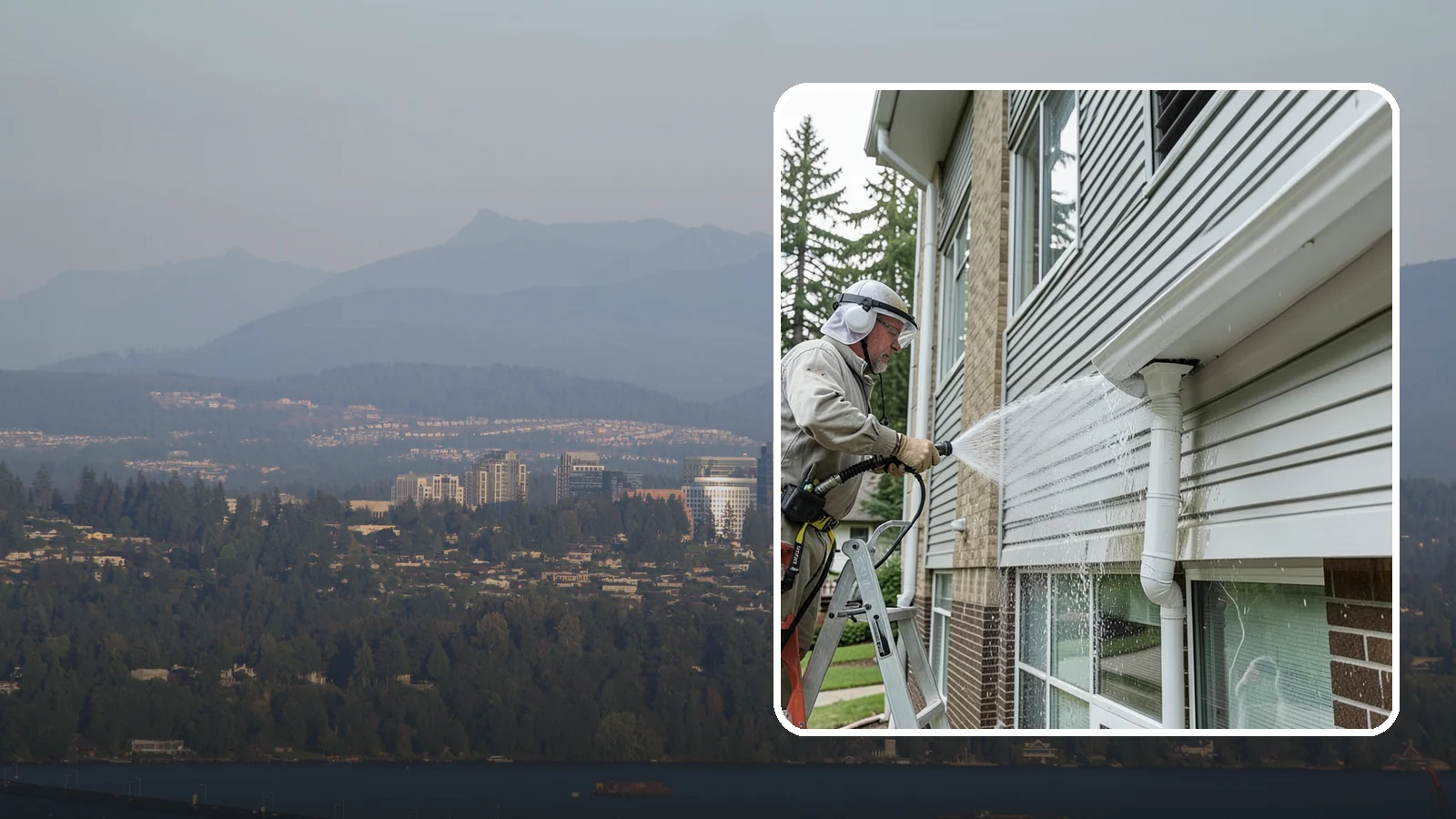 Gutter Overflow Cleanup in Medina, King County, WA - Cleanup of the staining and debris left behind after gutters overflow during our heavy rain events.