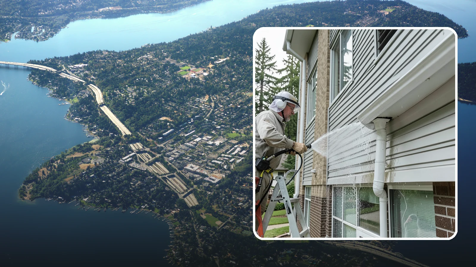 Gutter Overflow Cleanup in Mercer Island, King County, WA - Cleanup of the staining and debris left behind after gutters overflow during our heavy rain events.