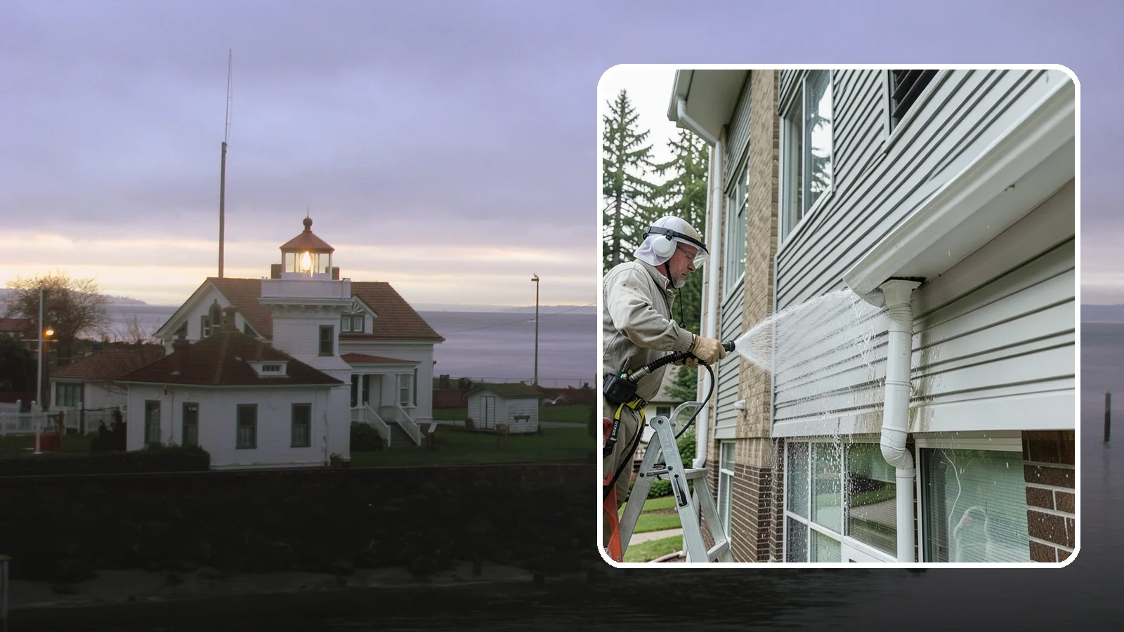 Gutter Overflow Cleanup in Mukilteo, Snohomish County, WA - Cleanup of the staining and debris left behind after gutters overflow during our heavy rain events.