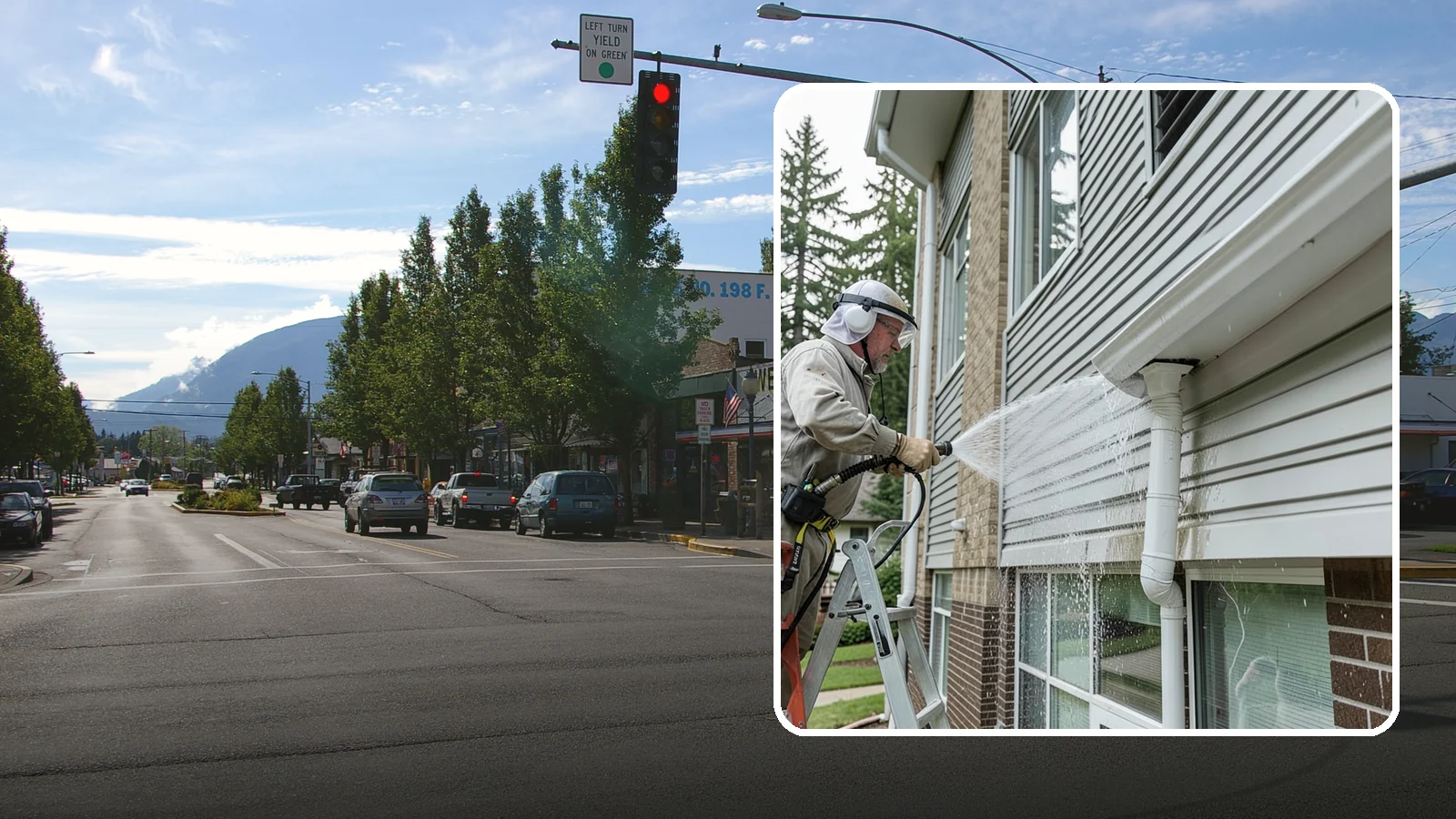 Gutter Overflow Cleanup in North Bend, King County, WA - Cleanup of the staining and debris left behind after gutters overflow during our heavy rain events.