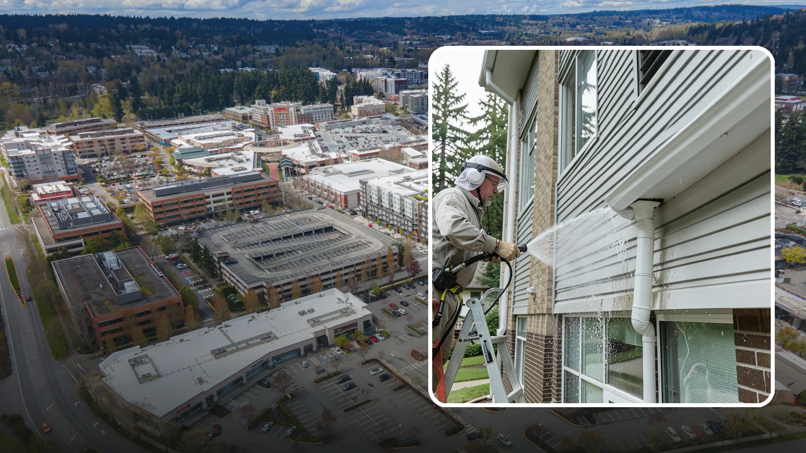 Gutter Overflow Cleanup in Redmond, King County, WA - Cleanup of the staining and debris left behind after gutters overflow during our heavy rain events.