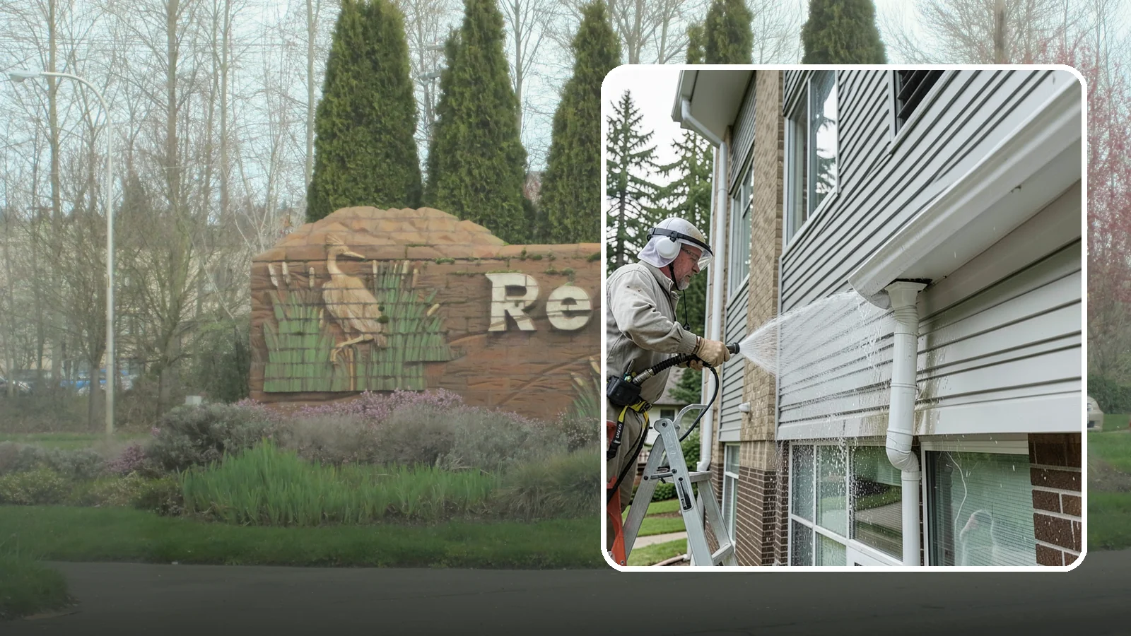 Gutter Overflow Cleanup in Renton, King County, WA - Cleanup of the staining and debris left behind after gutters overflow during our heavy rain events.