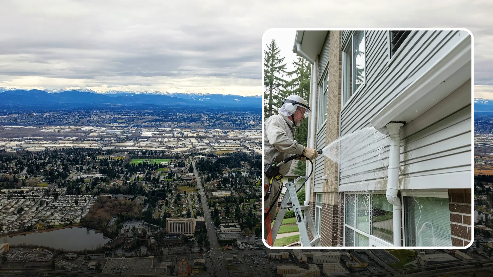 Gutter Overflow Cleanup in SeaTac, King County, WA - Cleanup of the staining and debris left behind after gutters overflow during our heavy rain events.
