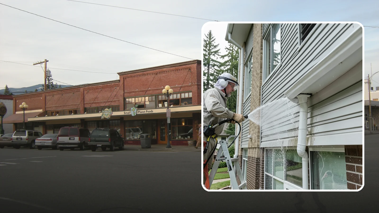 Gutter Overflow Cleanup in Sedro-Woolley, Skagit County, WA - Cleanup of the staining and debris left behind after gutters overflow during our heavy rain events.